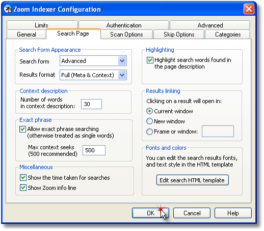 The Zoom search page configuration screen